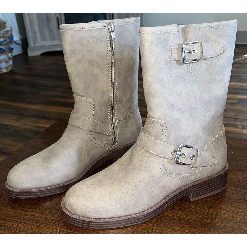 New Dolce Vita Brown Buckle Moto Booties Faux Leather Zip Side Soft Lining Sz 8